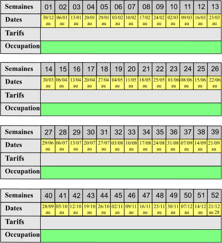01 02 03 04 05 06 07 08 09 10 11 12 13 Tarifs  Occupations Semaines Dates 14 15 16 17 18 19 20 21 22 23 24 25 26 Tarifs  Occupations Semaines Dates 27 28 29 30 31 32 33 34 35 36 37 38 39 Tarifs  Occupations Semaines Dates 40 41 42 43 44 45 46 47 48 49 50 51 52 Tarifs  Occupations Semaines Dates 30/12 au  06/01 au  13/01 au 20/01 au  29/01 au 03/02 au  10/02 au  17/02 au  24/02 au  02/03 au 09/03 au 16/03 au 23/03 au 30/03 au 06/04 au 13/04 au 20/04 au 27/04 au 04/05 au 11/05 au 18/05 au 25/05 au 01/06 au 08/06 au 15/06 au 22/06 au 29/06 au 06/07 au 13/07 au 20/07 au 27/07 au 03/08 au 10/08 au 17/08 au 24/08 au 31/08 au 07/09 au 14/09 au 21/09 au 28/09 au 05/10 au 12/10 au 19/10 au 26/10 au 02/11 au 09/11 au 16/11 au 23/11 au 30/11 au 07/12 au 14/12 au 21/12 au 28